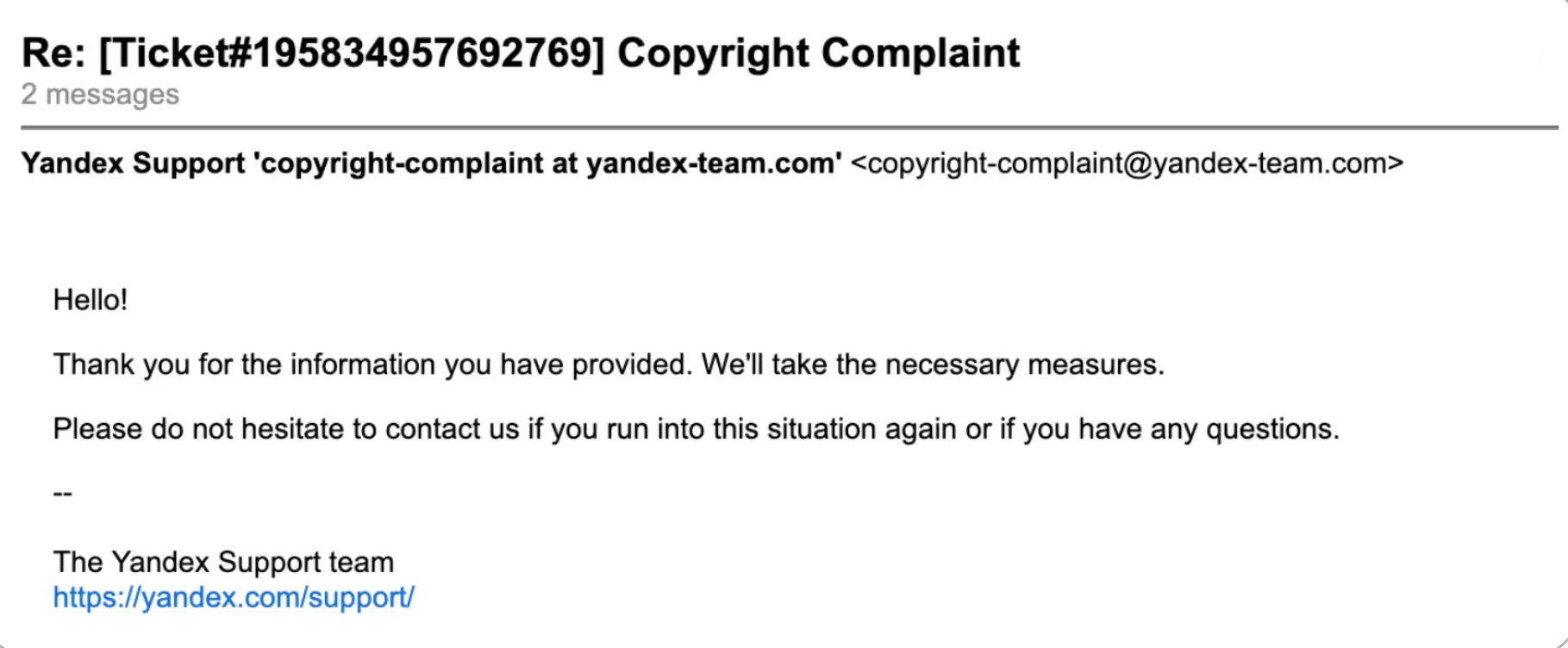 Email response indicating successful delisting from Yandex.