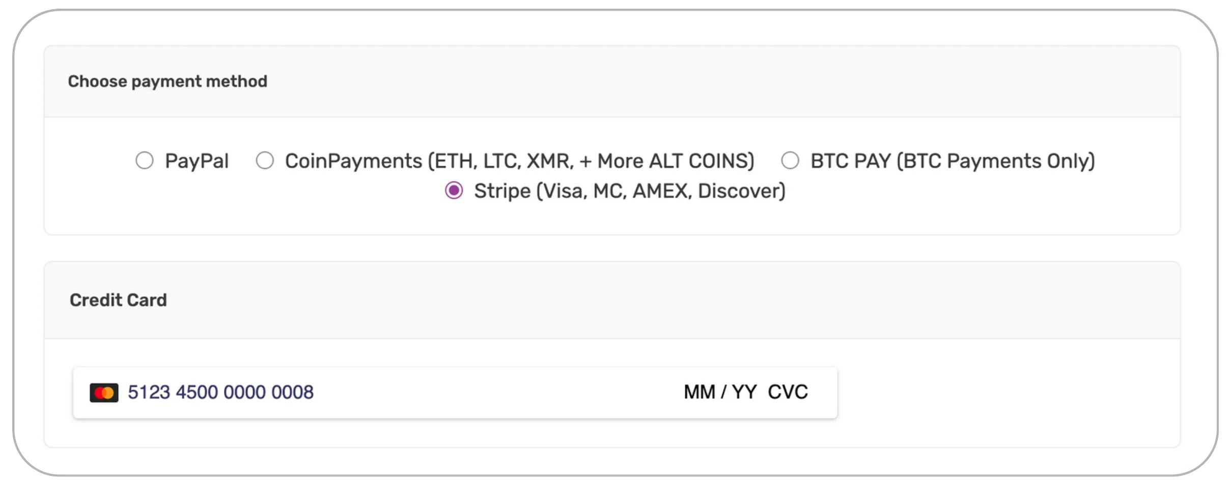 Demonstrating MasterCard payment support using a test card from MasterCard.